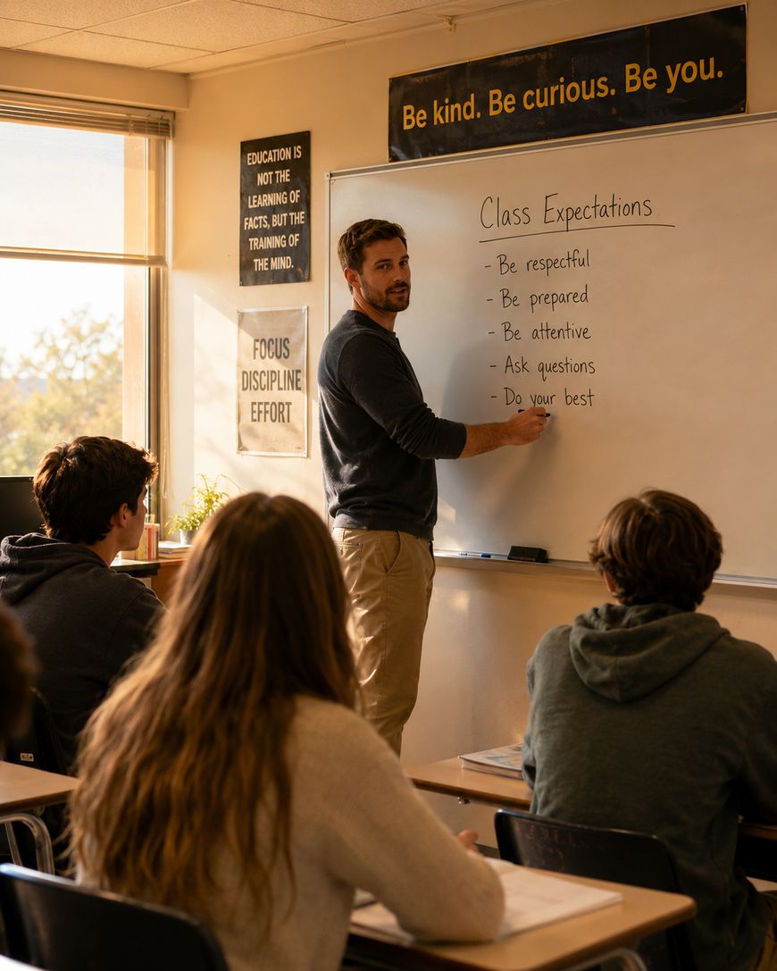 A teacher stands at a whiteboard in a classroom, pointing to a list titled Class Expectations as students listen. Posters on the walls encourage kindness, curiosity, and effort. Sunlight streams in from a window.