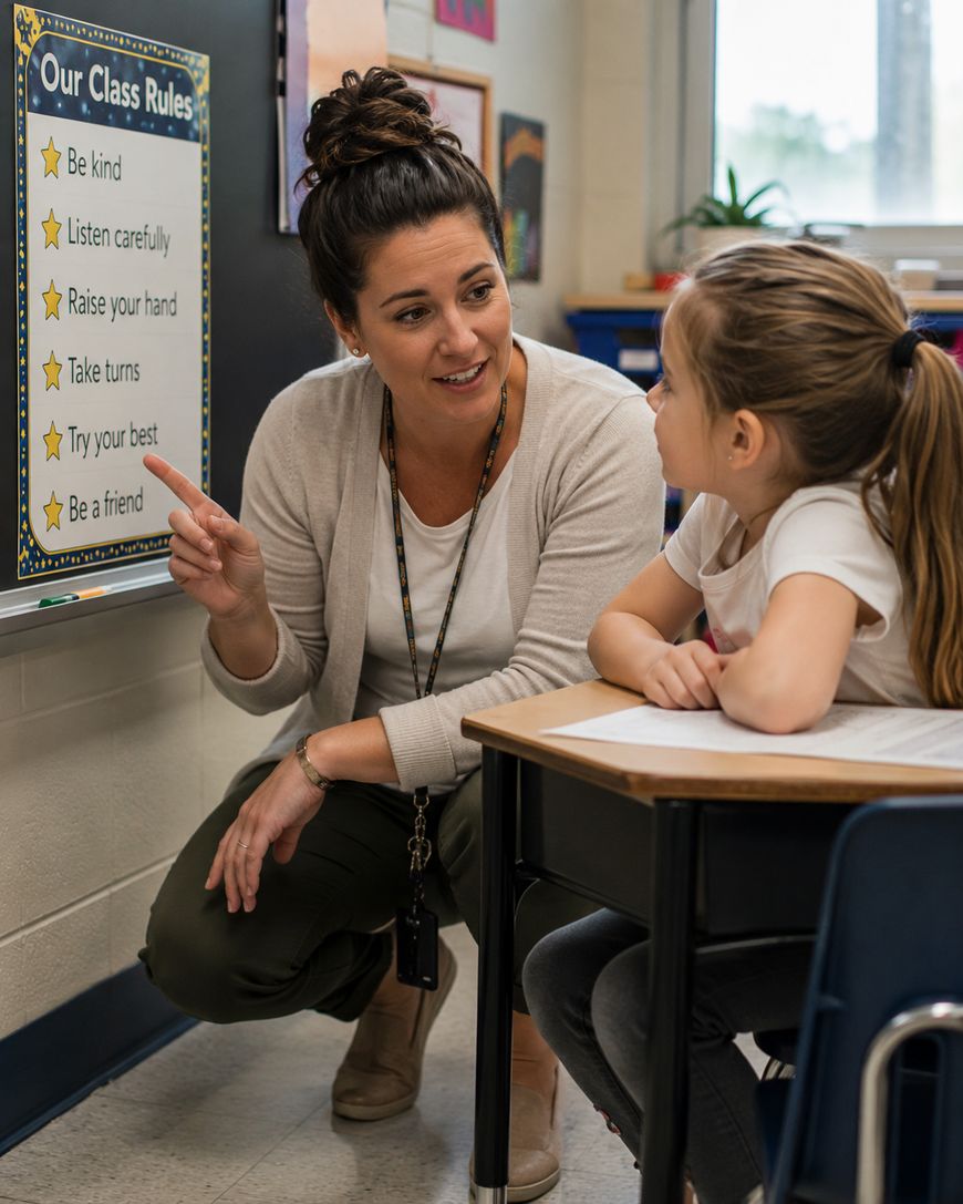 A teacher crouches beside a student at a desk, pointing to a classroom rules poster on the wall. The poster lists rules like Be kind and Listen carefully. The student listens attentively.