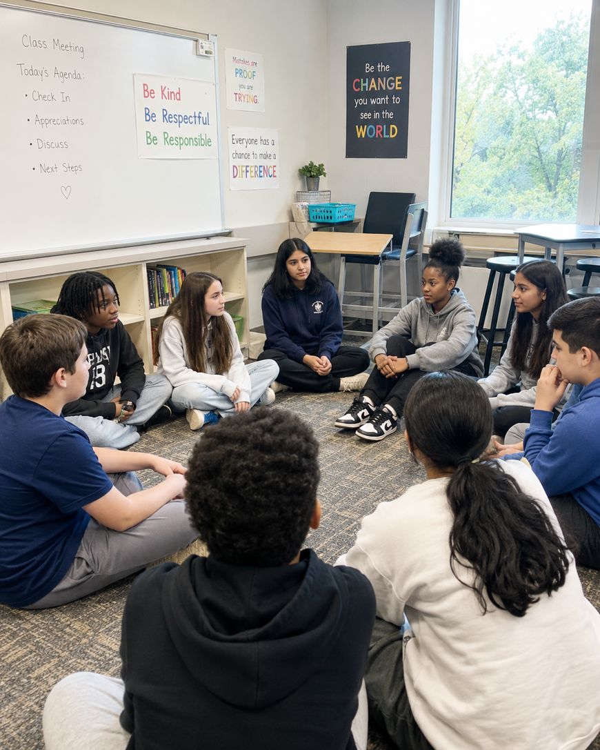 A group of middle school students sit in a circle on the classroom floor, engaged in a discussion. Classroom posters about kindness, respect, and making a difference are visible on the walls.