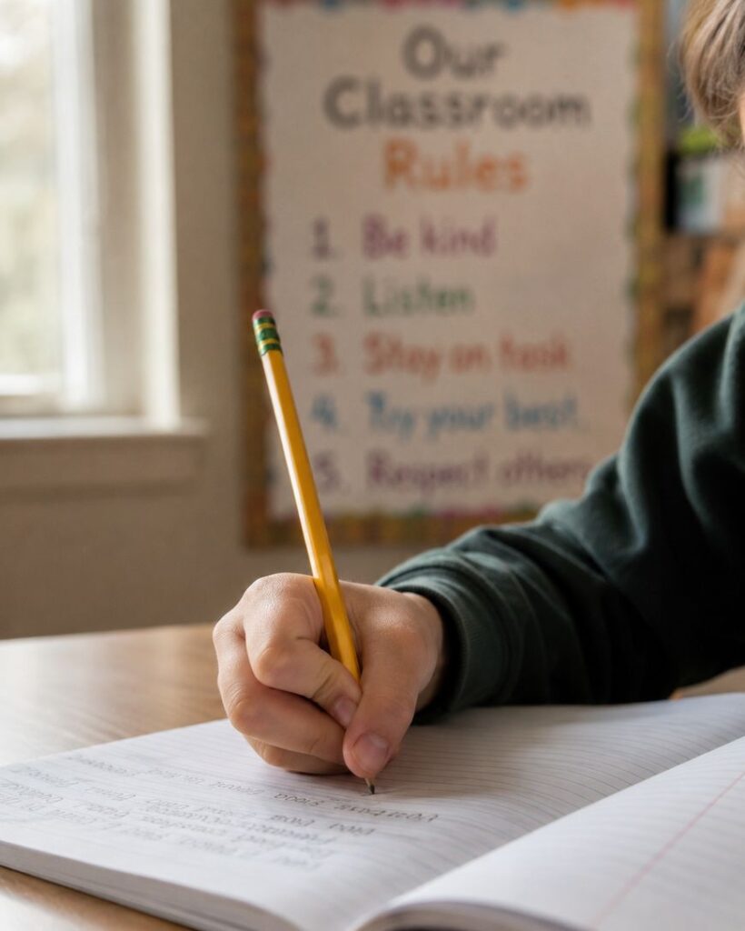 A student writes in a notebook with a pencil at a desk. In the blurred background, a classroom rules poster lists: Be kind, Listen, Stay on task, Try your best, and Respect others.