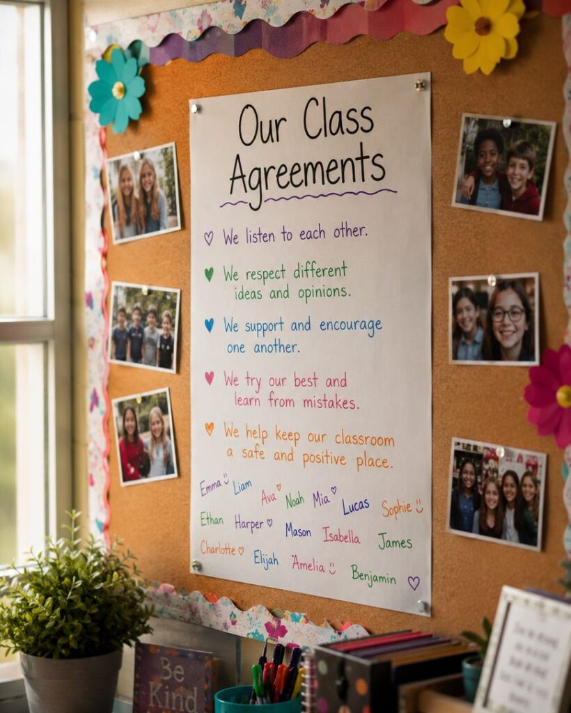 A classroom bulletin board displays Our Class Agreements on a poster with colorful text, surrounded by photos of students, paper flowers, and classroom decorations. A plant and books sit on a nearby surface.