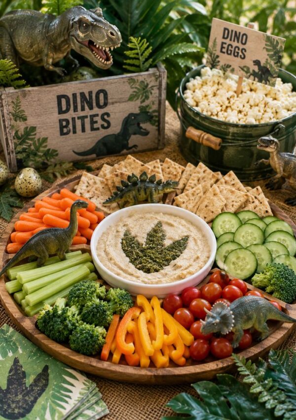 A dinosaur-themed veggie platter with hummus, crackers, and vegetables, surrounded by toy dinosaurs, a sign reading Dino Bites, popcorn labeled Dino Eggs, and leafy decorations. Total: 218 characters.