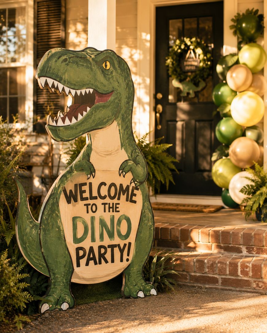 A large cardboard dinosaur holds a sign reading “Welcome to the Dino Party!” near a house entrance decorated with green and gold balloons and a wreath on the door.
