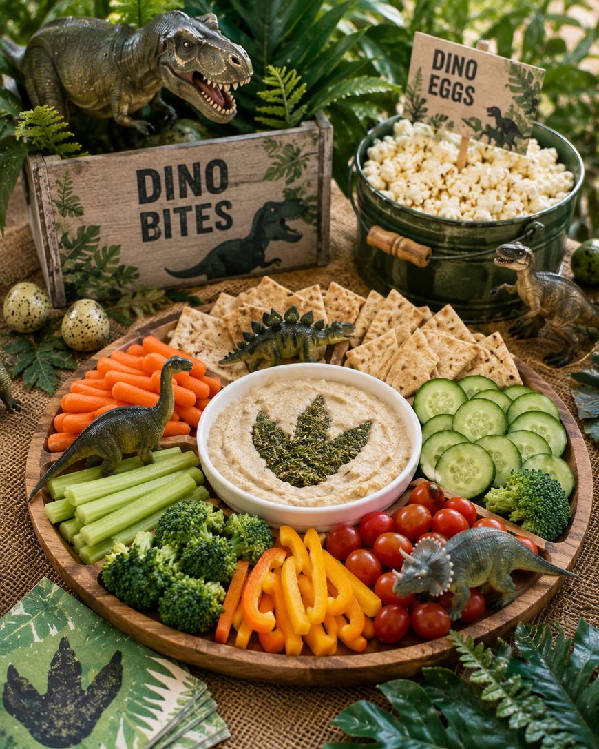 A dinosaur-themed veggie platter with hummus, crackers, sliced vegetables, toy dinosaurs, popcorn labeled Dino Eggs, and a Dino Bites sign, surrounded by ferns and spotted eggs.