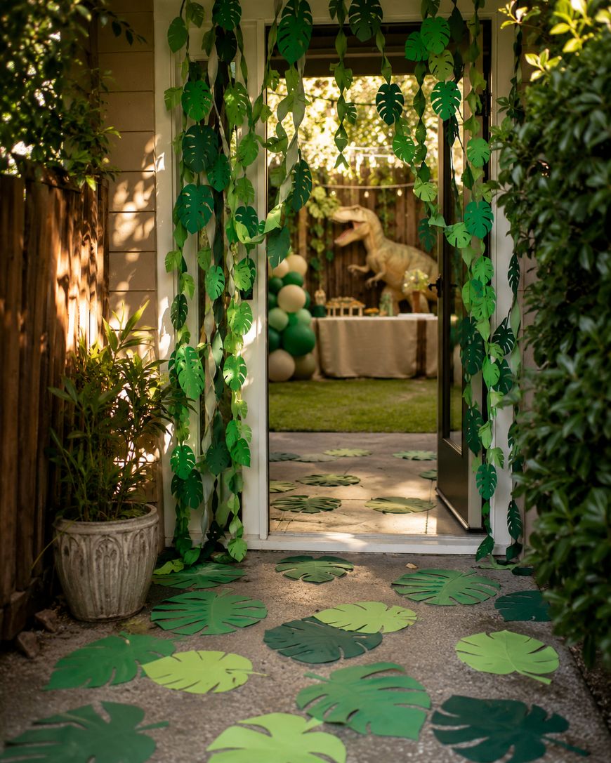 A doorway decorated with green paper leaves leads to a garden with a dinosaur figure and a table with green balloons, creating a jungle-themed party atmosphere.