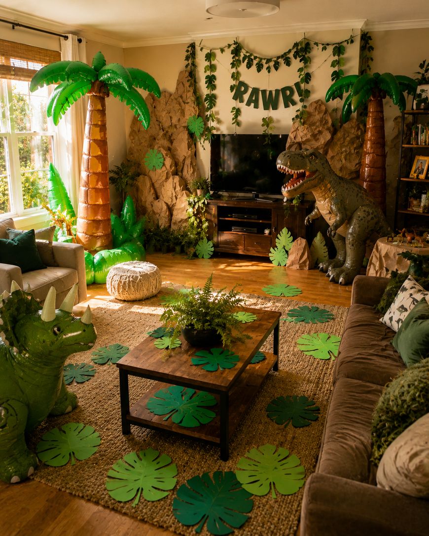 Living room decorated with inflatable dinosaurs, palm trees, and green leaf cutouts. “RAWR!” banner hangs above TV, creating a dinosaur-themed party atmosphere. Brown couches, sunlight, and plants complete the cozy setting.