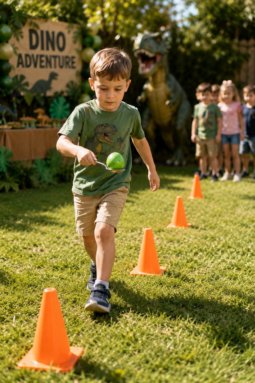 A young boy balances a green ball on a spoon while walking past orange cones at an outdoor dinosaur-themed party, with other children and a dinosaur display in the background.
