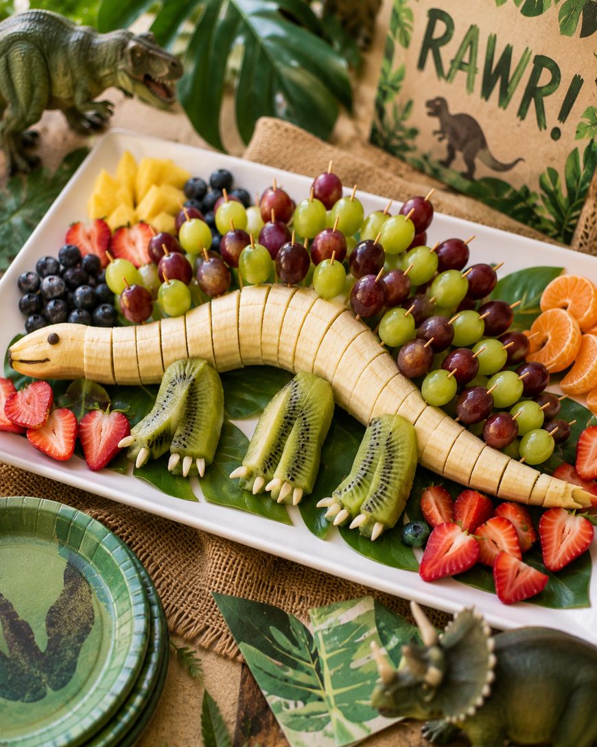 A fruit platter shaped like a dinosaur, made with bananas, kiwi, and grapes. Strawberries, blueberries, oranges, and pineapple decorate the tray. Leaves and a cardboard dinosaur sign are in the background.