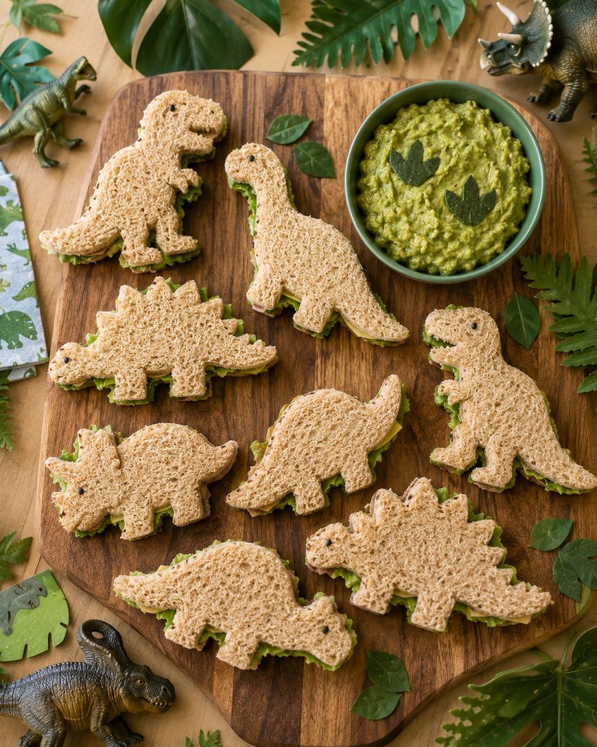 Dinosaur-shaped sandwiches on a wooden board with a bowl of green dip, surrounded by toy dinosaurs and leaves for a playful, themed presentation.