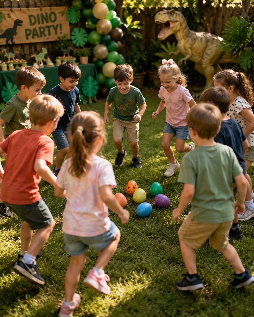 A group of children play outside around colorful dinosaur eggs at a dino-themed party, with balloons, decorations, and a dinosaur figure in the background.