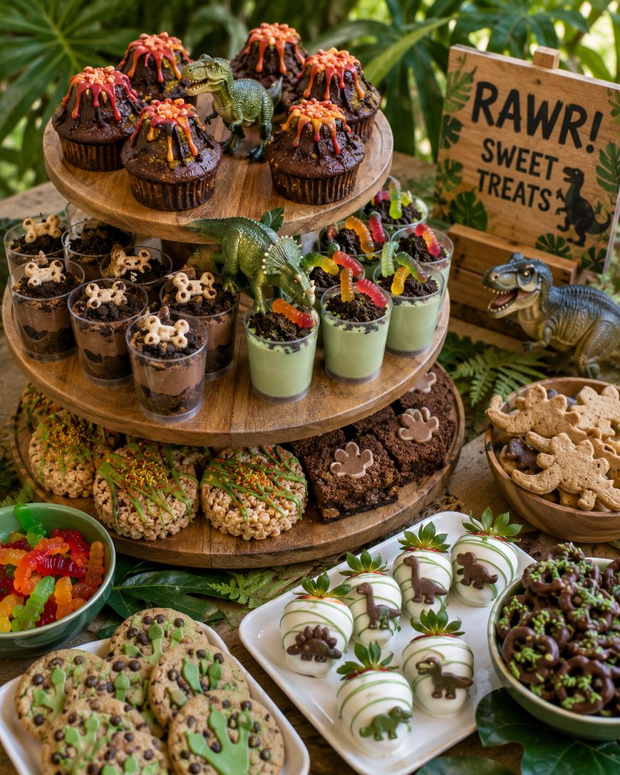 Three-tiered dessert stand with dinosaur-themed cupcakes, pudding cups, cookies, brownies, Rice Krispie treats, and decorated strawberries. Toy dinosaurs and a “RAWR! Sweet Treats” sign are part of the jungle-themed display.