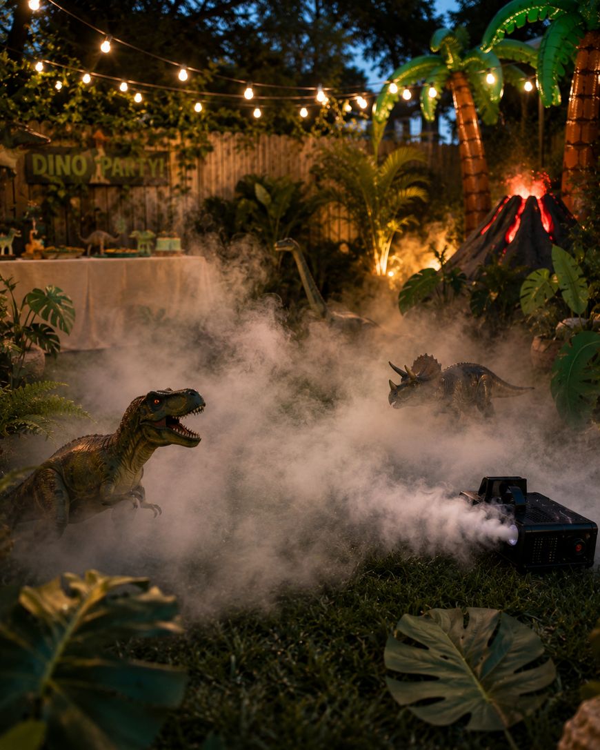 Dinosaur-themed party scene at night with toy dinosaurs, fog machine, artificial volcano, palm trees, string lights, and a decorated table in the background. Lush greenery surrounds the setup.