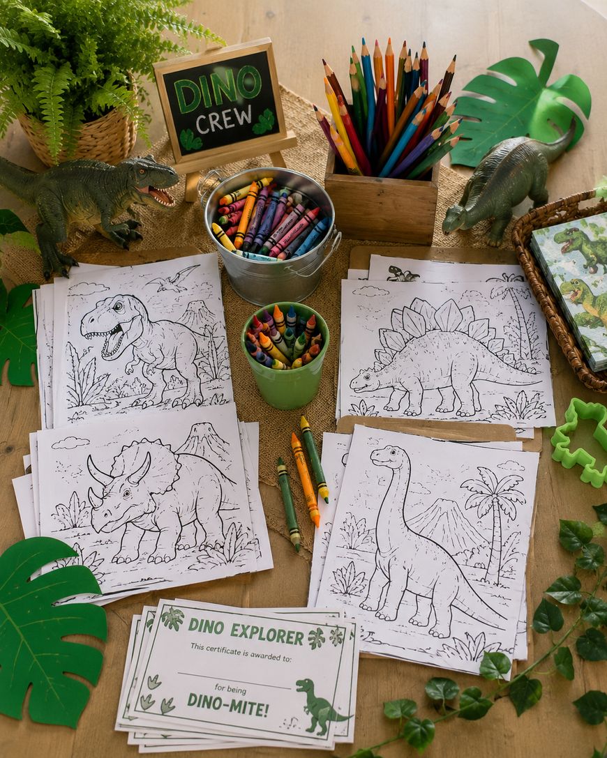 A table with dinosaur coloring pages, crayons, colored pencils, toy dinosaurs, green leaves, a “Dino Crew” sign, and “Dino Explorer” certificates, arranged in a colorful, creative setup.