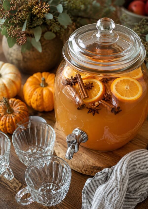 A glass drink dispenser with orange punch, orange slices, cinnamon sticks, and star anise, surrounded by small pumpkins, three empty glass mugs, and a striped cloth on a wooden table.