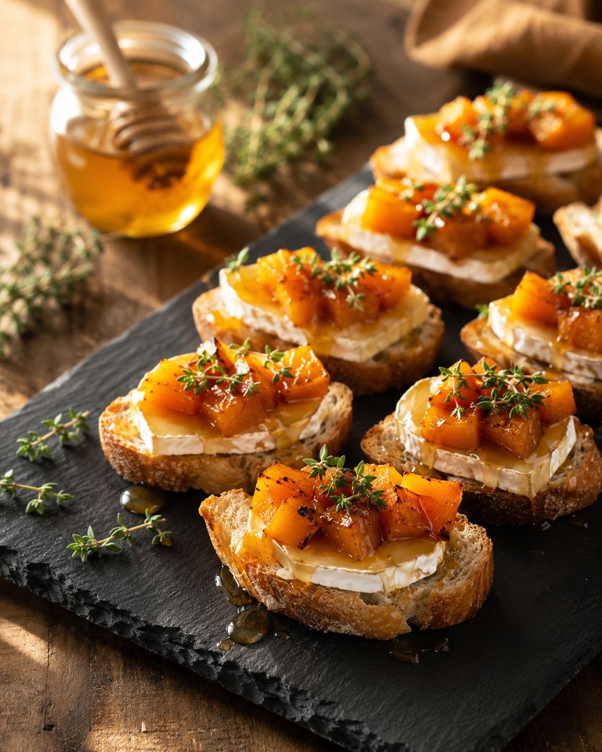 Several slices of toasted bread topped with cheese, caramelized peaches, fresh thyme, and a drizzle of honey, served on a black slate platter. A jar of honey with a dipper and fresh thyme are in the background.