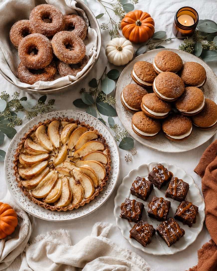 A table set with autumn-themed desserts: a plate of sugared donuts, pumpkin whoopie pies, an apple tart, chocolate brownies, and decorative mini pumpkins, surrounded by candles and greenery on a white cloth.