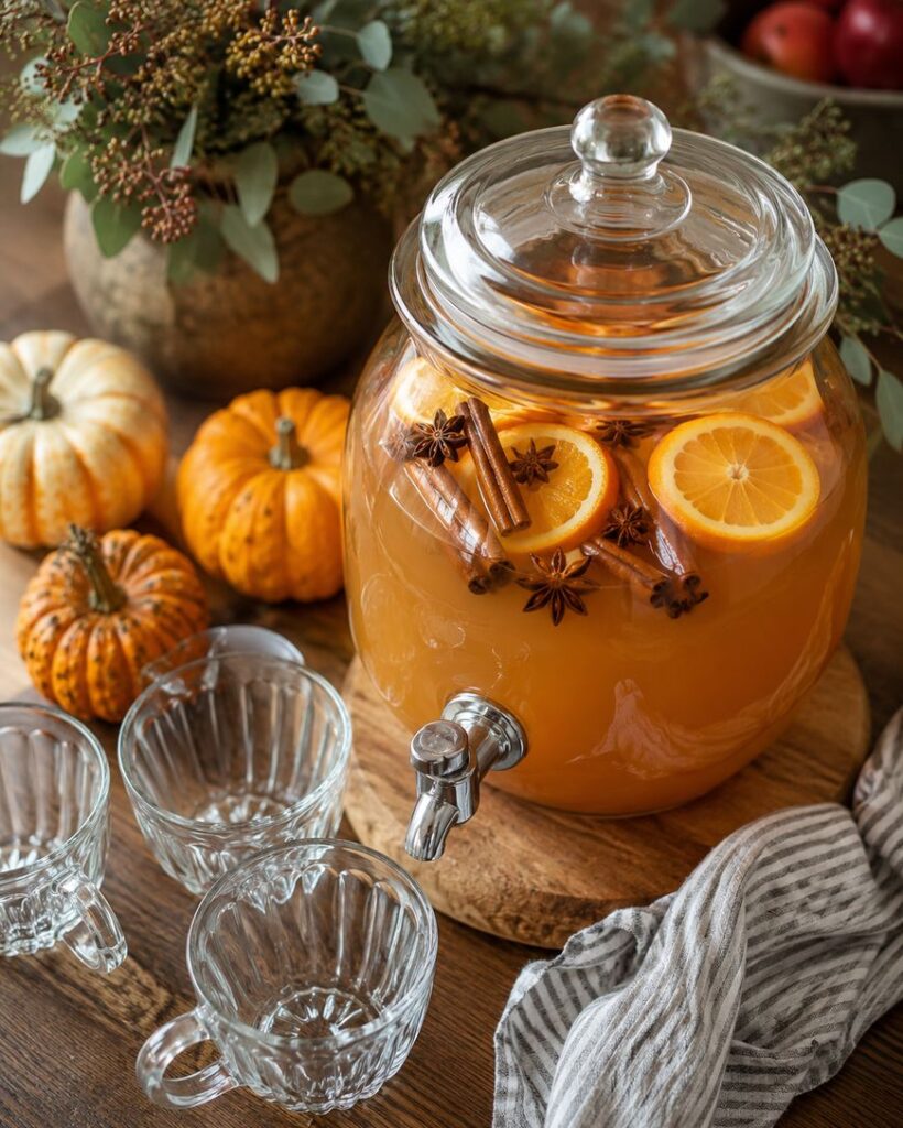 A glass beverage dispenser filled with orange punch, garnished with orange slices, cinnamon sticks, and star anise, sits on a wooden board next to three empty glasses, small pumpkins, and a striped cloth.