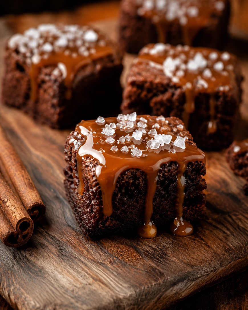 Close-up of chocolate brownies topped with caramel sauce and coarse sea salt, arranged on a wooden board with cinnamon sticks beside them. The brownies look rich, moist, and decadent.