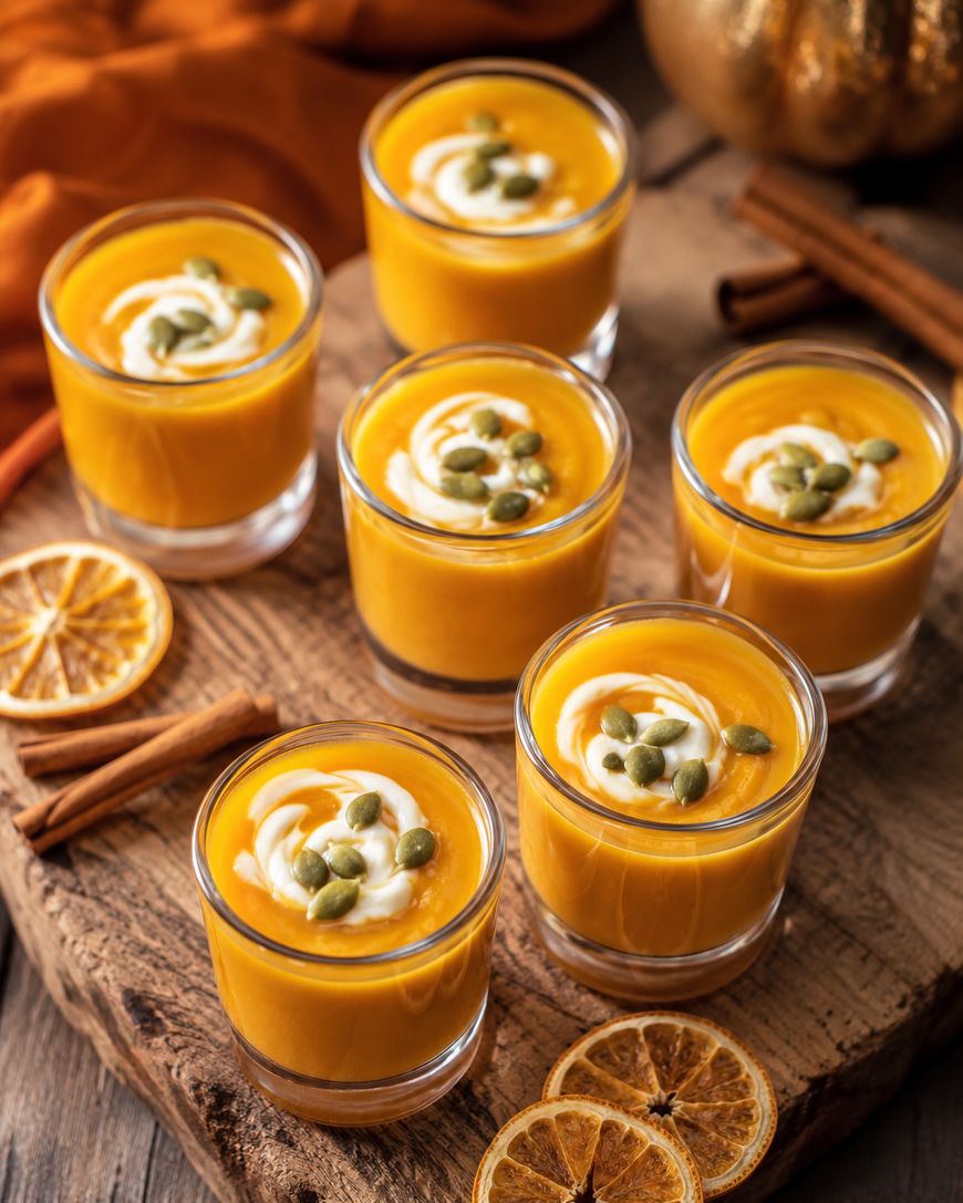 Seven small glasses filled with creamy orange dessert, topped with seeds and a swirl of cream, are arranged on a rustic wooden board with dried orange slices and cinnamon sticks around them.
