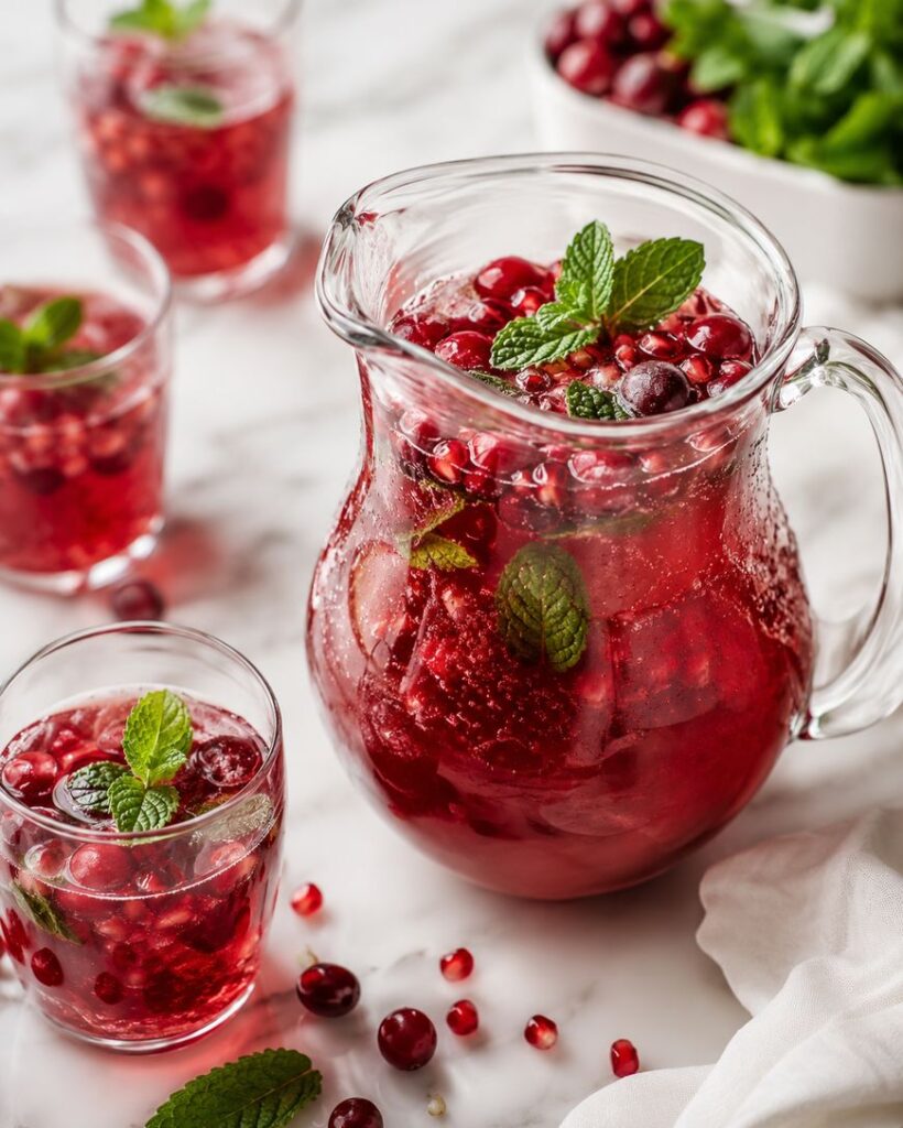 A glass pitcher and small glasses filled with red fruit punch, garnished with mint leaves and whole berries, sit on a white marble surface with scattered berries and mint nearby.