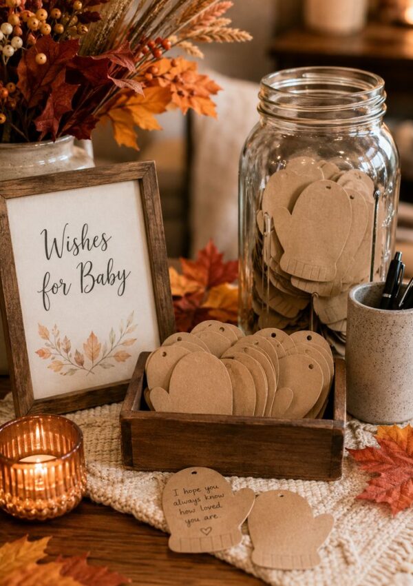 A fall baby shower table with a framed Wishes for Baby sign, candle, mason jar, a box of brown paper tags, and pens in a holder, all surrounded by autumn leaves—perfect for your fall baby shower celebration.