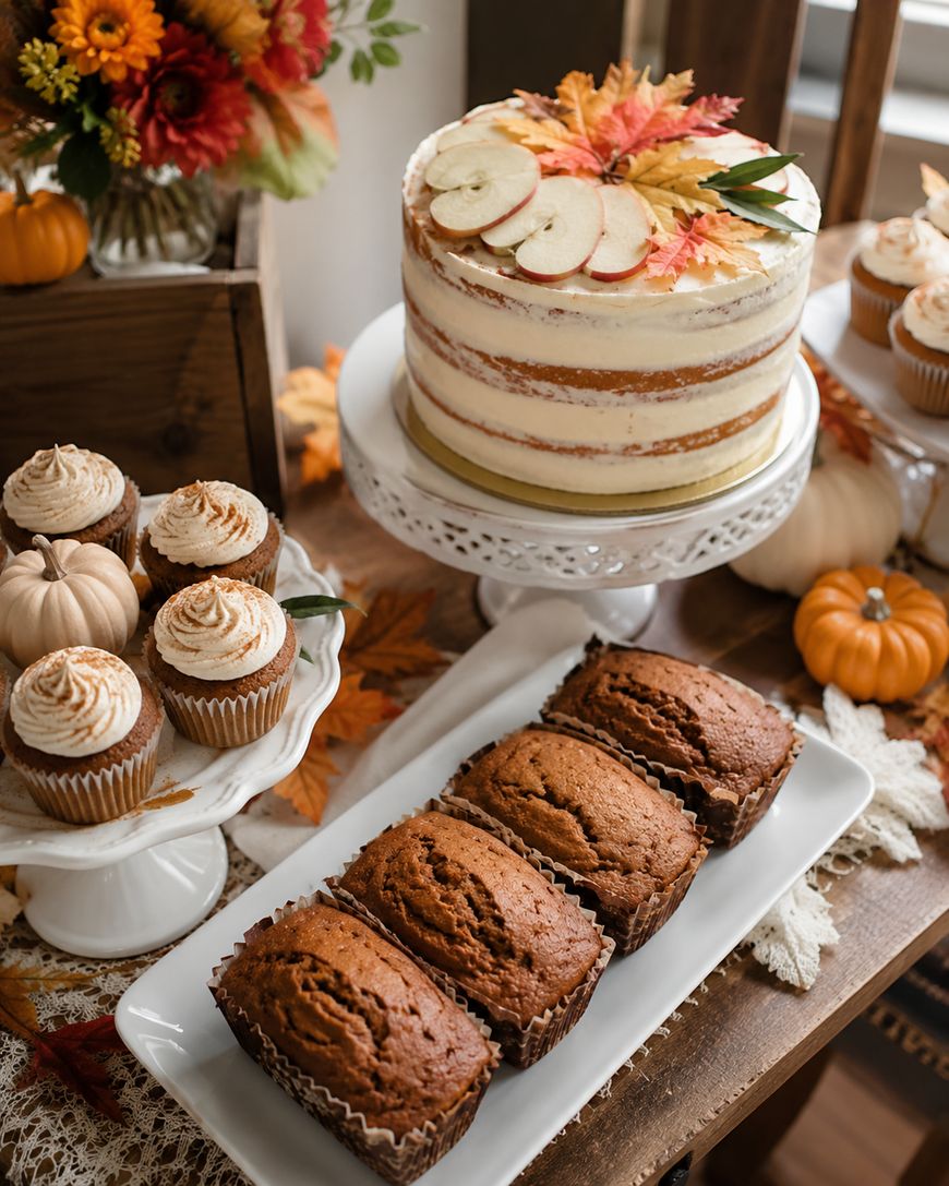 A fall-themed dessert table with a naked layer cake topped with apple slices and leaves, spiced cupcakes with swirled frosting, mini pumpkin loaves, and autumn decorations, including pumpkins and flowers.