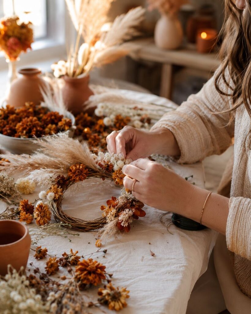 A person’s hands are crafting a decorative wreath using dried flowers and grasses on a table covered with floral materials, terracotta pots, and autumn decor in a cozy, sunlit room.