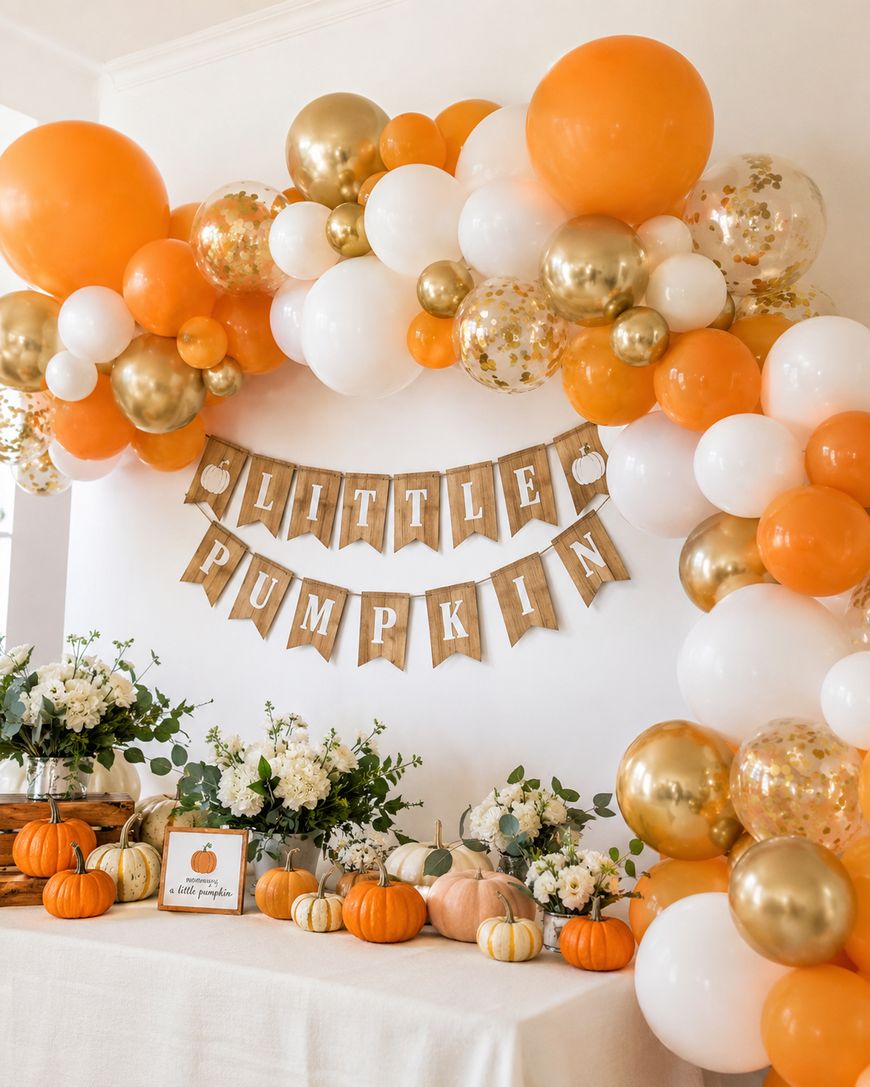 A festive Little Pumpkin themed party setup with orange, white, and gold balloons arching over a table decorated with pumpkins, flowers, and a sign. Brown pennant banners spell out LITTLE PUMPKIN on the wall.