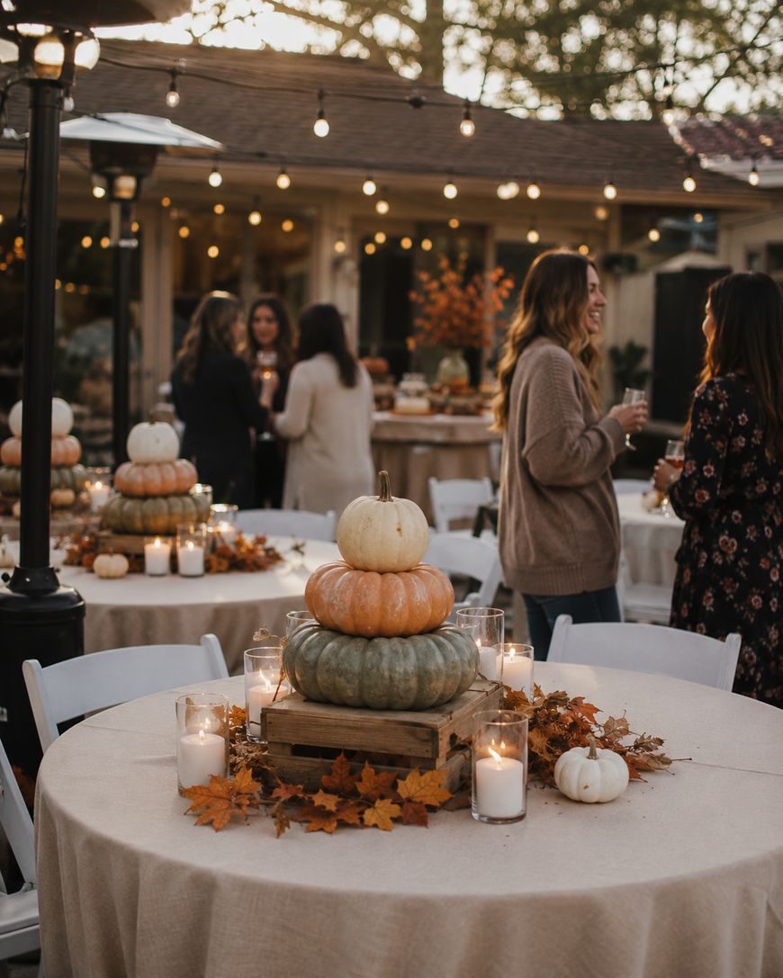 Outdoor autumn gathering with people talking near tables decorated with stacked pumpkins, candles, and autumn leaves. String lights are hung above, creating a warm, festive atmosphere.