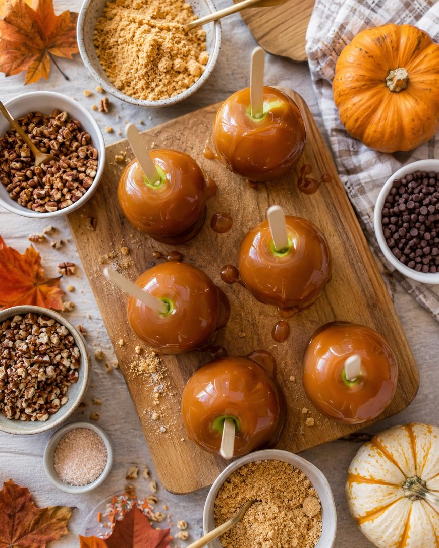 Caramel apples on a wooden board surrounded by small bowls of crushed nuts, graham cracker crumbs, chocolate chips, autumn leaves, and mini pumpkins, creating a festive fall scene.