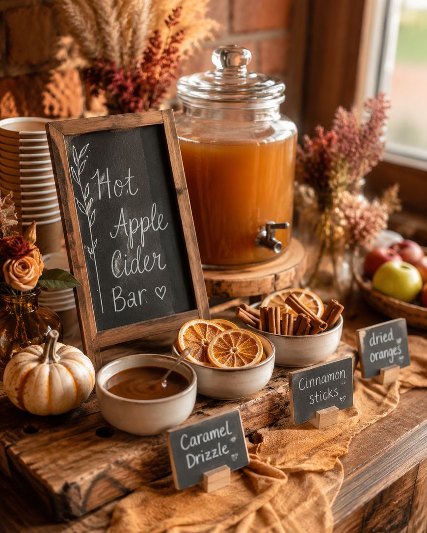 A rustic wooden table displays a hot apple cider bar with a glass drink dispenser, cups, cinnamon sticks, dried oranges, caramel drizzle, and autumn decor including a small pumpkin and flowers. Handwritten signs label each item.