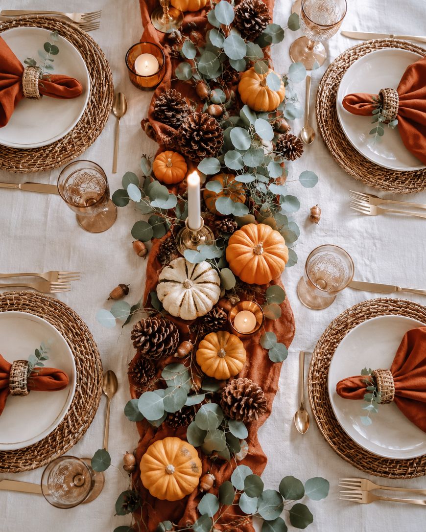 A fall-themed table setting with woven placemats, gold cutlery, rust-colored napkins, and a centerpiece of small pumpkins, pinecones, eucalyptus leaves, candles, and a white tablecloth.