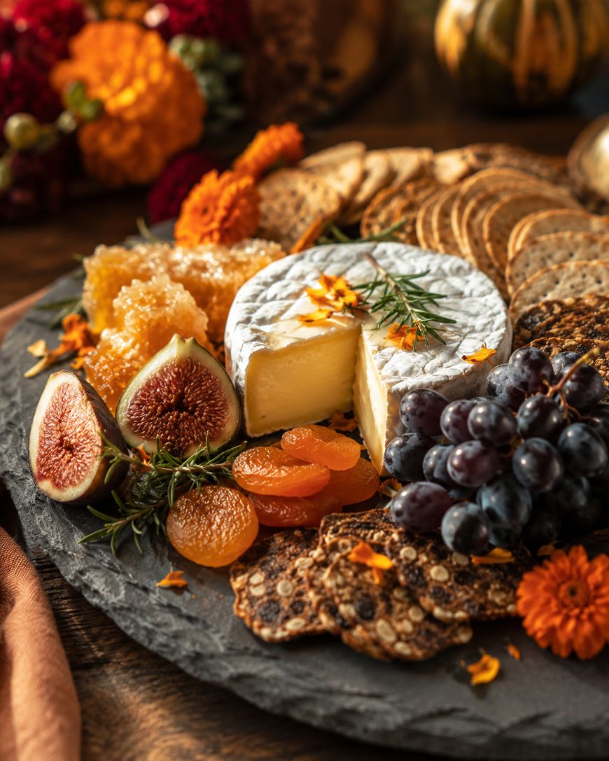 A slate cheese board with a wheel of brie, sliced figs, dried apricots, honeycomb, grapes, assorted crackers, and fresh herbs, garnished with orange flowers and arranged decoratively.
