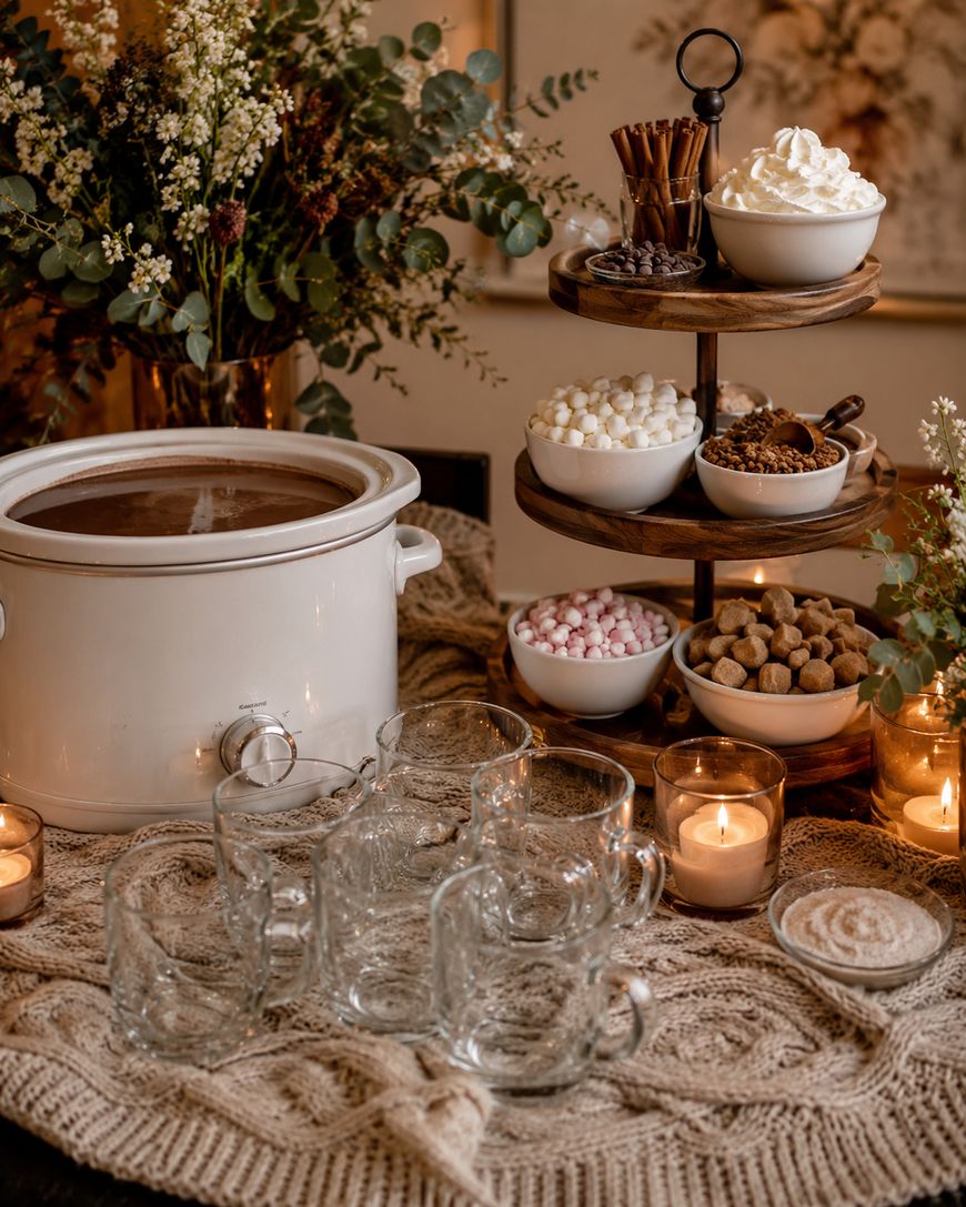 A cozy hot chocolate bar setup with a white crockpot, glass mugs, candles, flowers, and a tiered tray holding toppings like marshmallows, whipped cream, chocolate chips, and cinnamon sticks on a knit tablecloth.