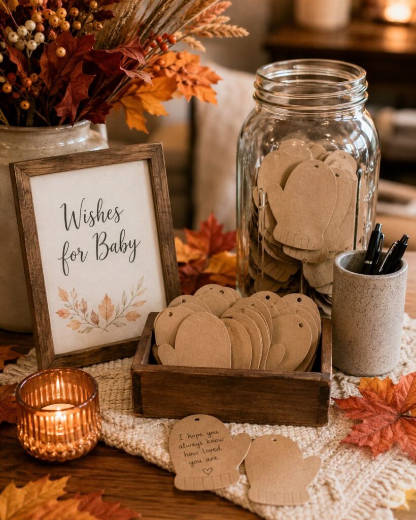 A cozy autumn-themed setup with a Wishes for Baby sign, a jar and box filled with blank tags, pens in a holder, a lit candle, and autumn leaves scattered on the table.