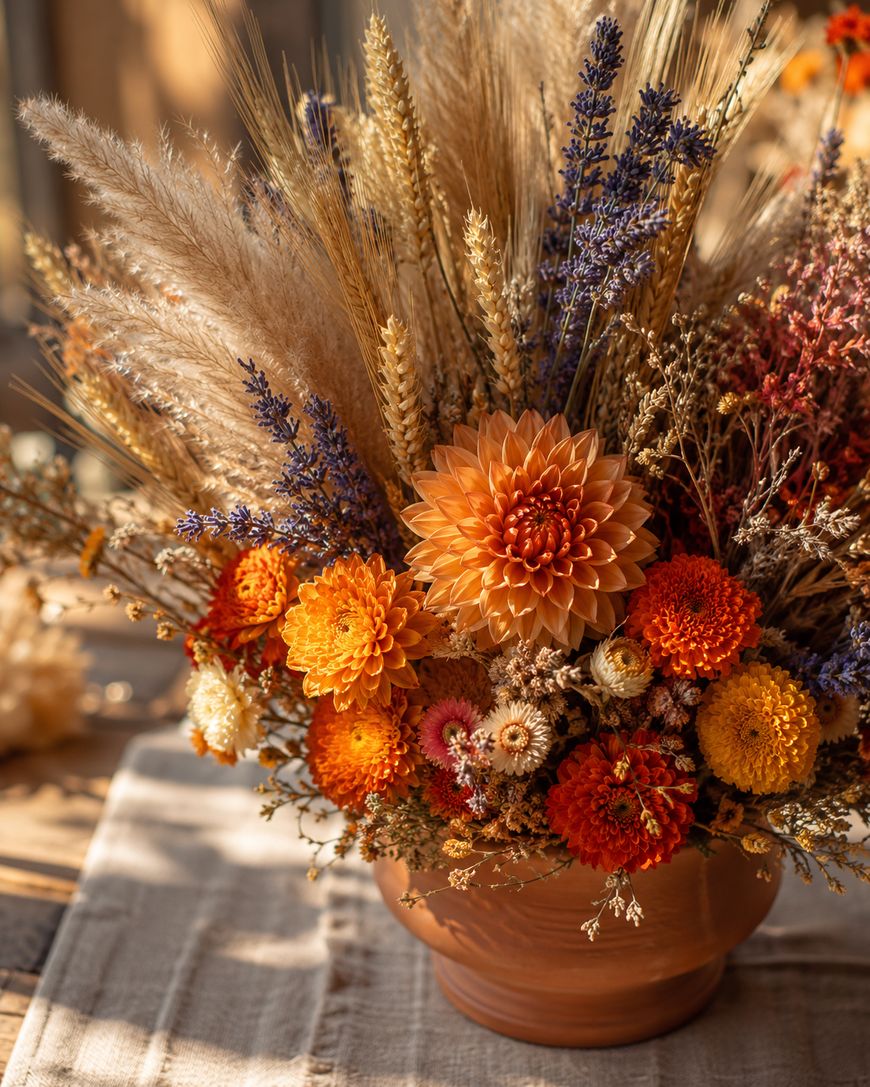 A rustic ceramic vase filled with dried and fresh flowers, including orange dahlias, yellow and red blooms, lavender, wheat, and pampas grass, arranged on a sunlit table with a neutral linen cloth.