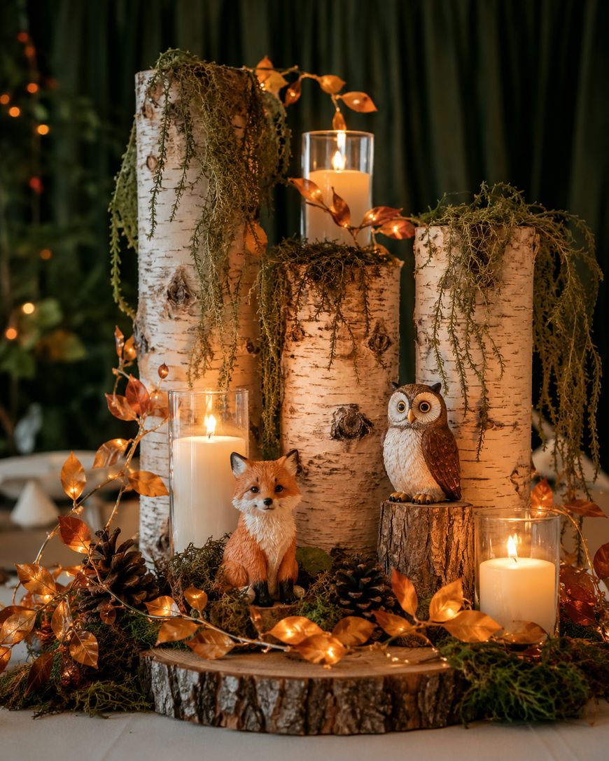 A woodland-themed centerpiece with birch logs, moss, pinecones, candles, and figurines of a fox and an owl, surrounded by golden leaves and warm fairy lights.