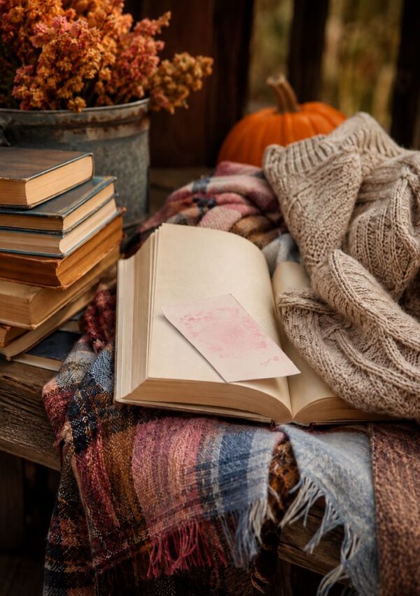 An open book with a note rests on a plaid blanket beside a cozy sweater, a stack of books, autumn flowers in a metal pot, and a pumpkin, creating a warm fall atmosphere.
