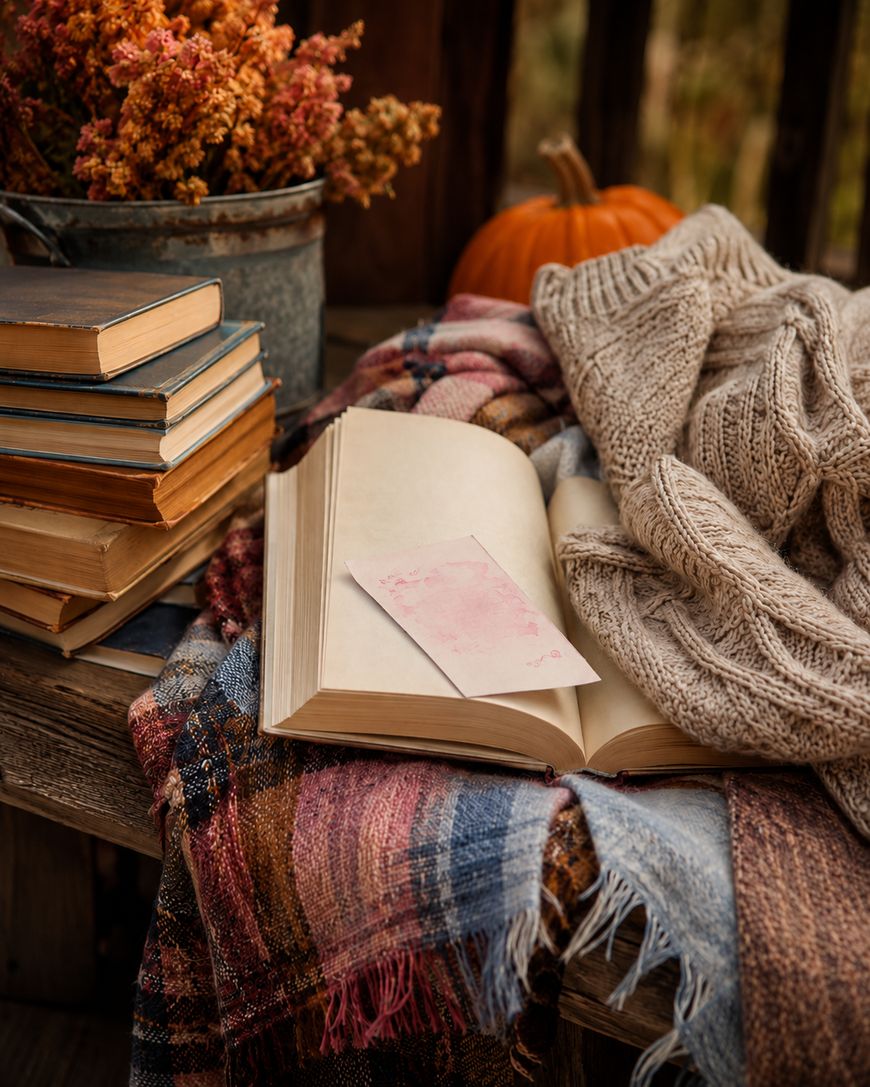 A cozy autumn scene with stacked books, an open book holding a note, a knit sweater, a plaid blanket, a metal bucket of dried flowers, and a pumpkin in the background.