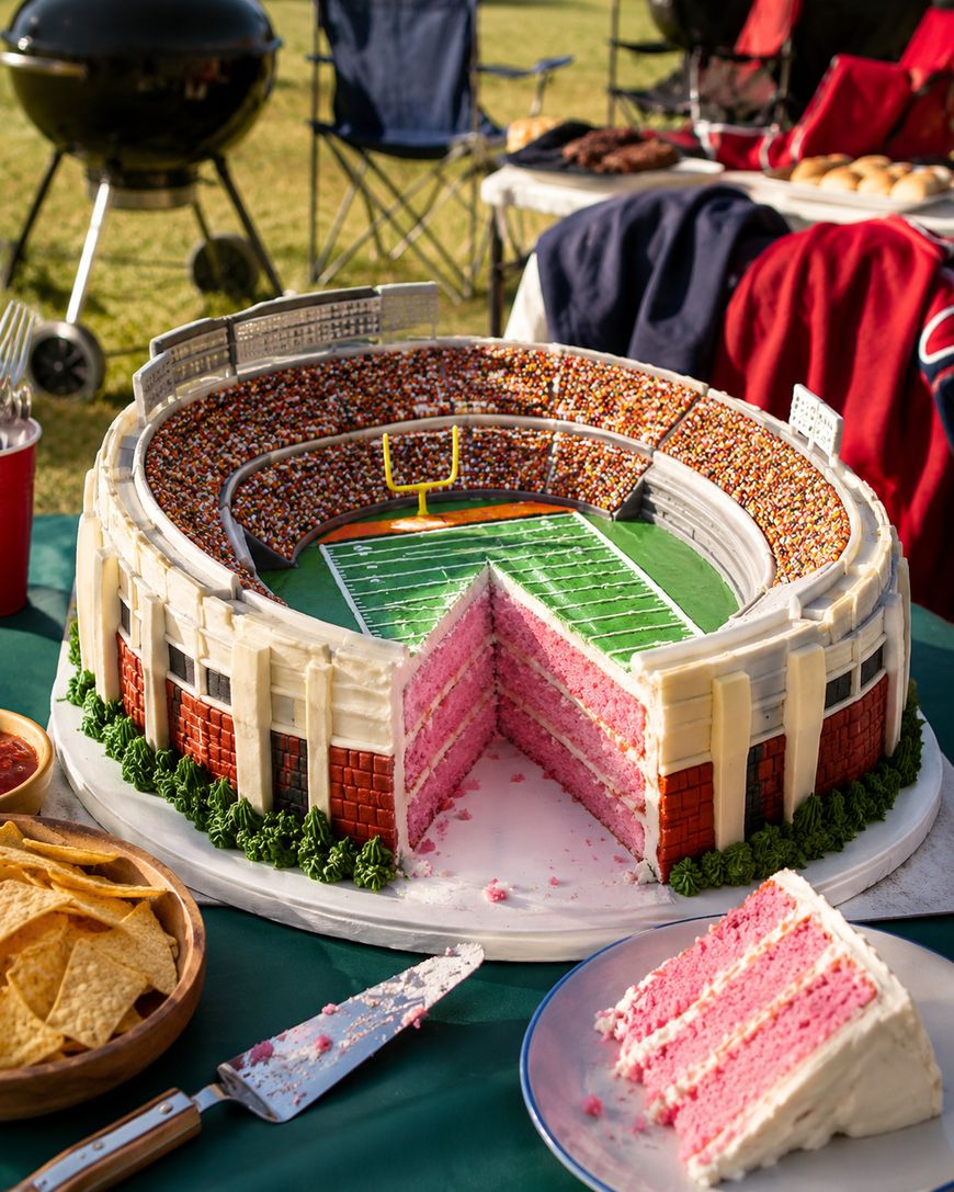 A stadium-shaped cake with a pink interior and white frosting sits on a table. Part of the cake is sliced, revealing layers. There are snacks, chairs, and a grill in the background, suggesting an outdoor party.