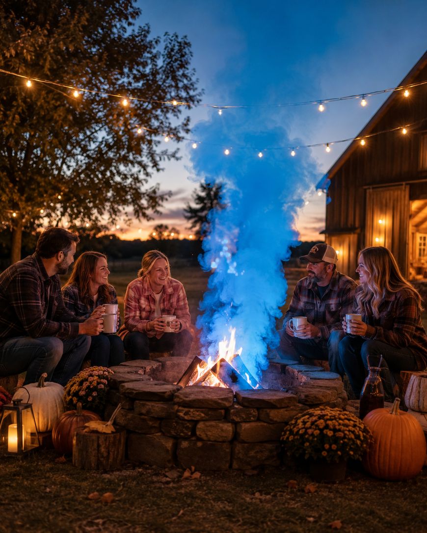 Five people sit around a stone fire pit outdoors at dusk, with blue smoke rising from the fire. String lights hang overhead, and pumpkins and flowers decorate the scene. A wooden building is visible in the background.