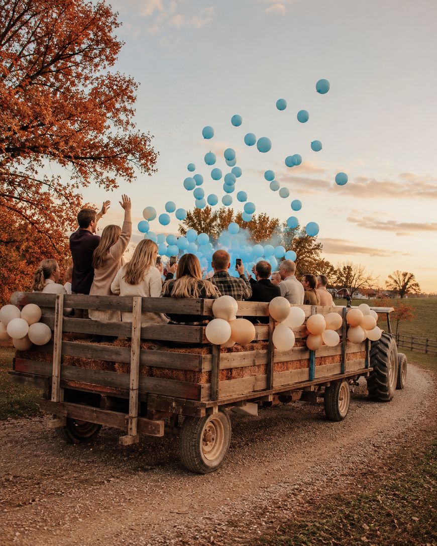 A group of people on a tractor-pulled wagon release blue balloons into the sky at sunset, surrounded by autumn trees and fields.