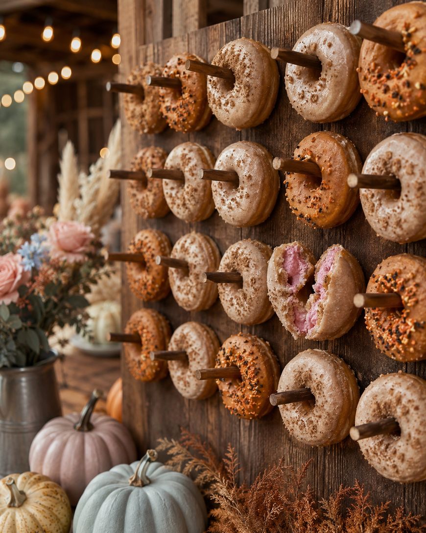 A wooden board displays rows of donuts on pegs. Some donuts have sprinkles, and one is partially eaten. Fall decor, including flowers and pastel pumpkins, is in the background. Warm string lights hang above.
