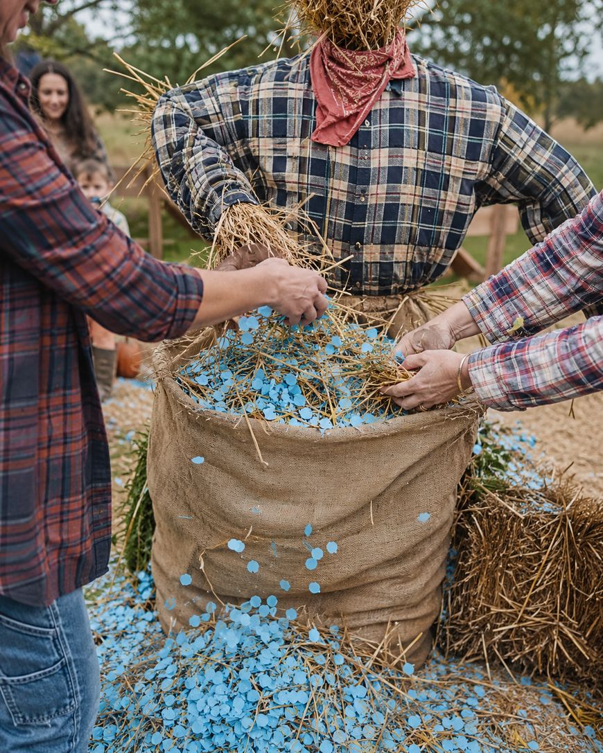 Two people stuff a scarecrow with straw and blue confetti. The scarecrow wears a plaid shirt and red bandana. A woman and children watch in the background, outdoors on a farm.