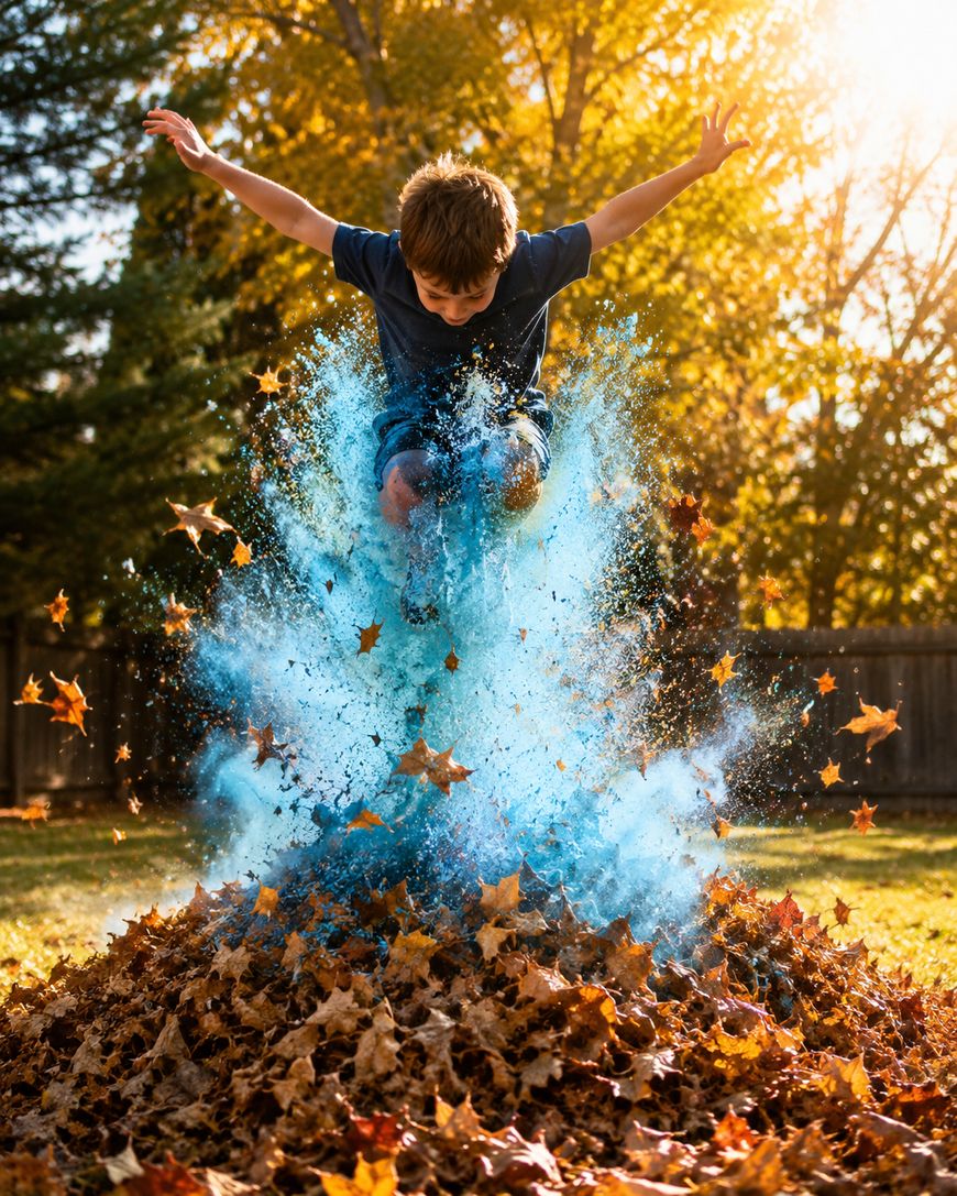 A boy jumps into a pile of autumn leaves, causing a burst of blue powder to rise, with sunlight and trees in the background.