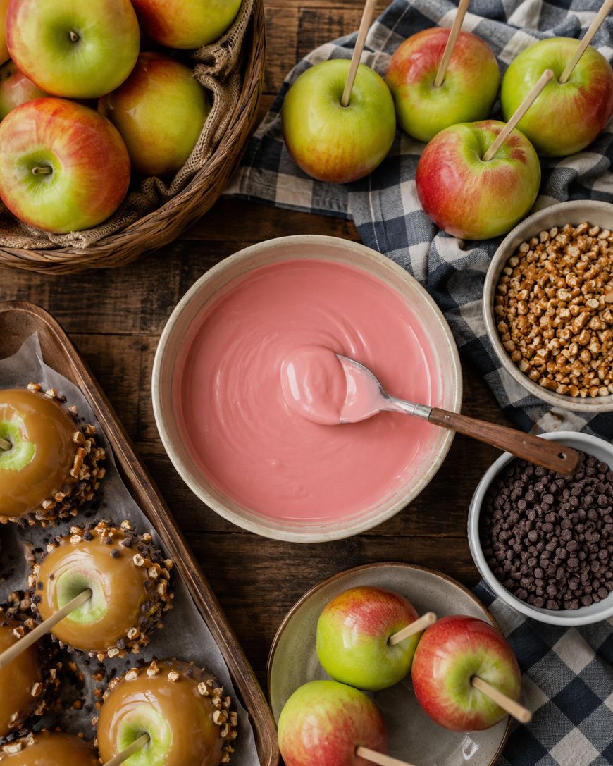 A bowl of pink candy coating with a spoon is surrounded by apples, caramel apples, mini chocolate chips, pretzel bits, and a basket of fresh apples on a plaid cloth and wooden table.