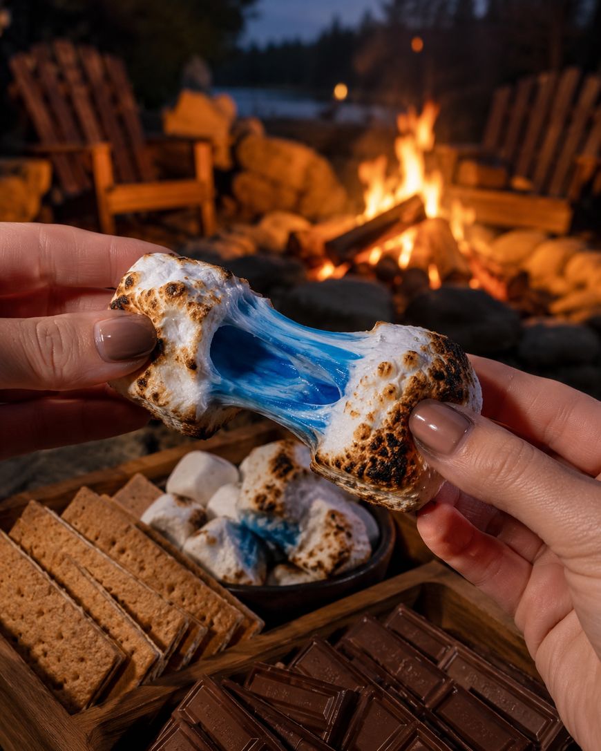 Two hands pull apart a toasted marshmallow with blue gooey filling in front of a campfire. A tray with graham crackers, chocolate, and more marshmallows is on a table beside wooden chairs.