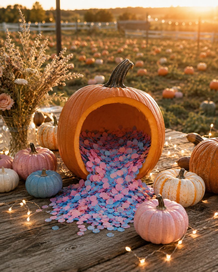 A pumpkin spills pink and blue confetti onto a wooden table, surrounded by pastel pumpkins and fairy lights, with a pumpkin patch in the background at sunset.