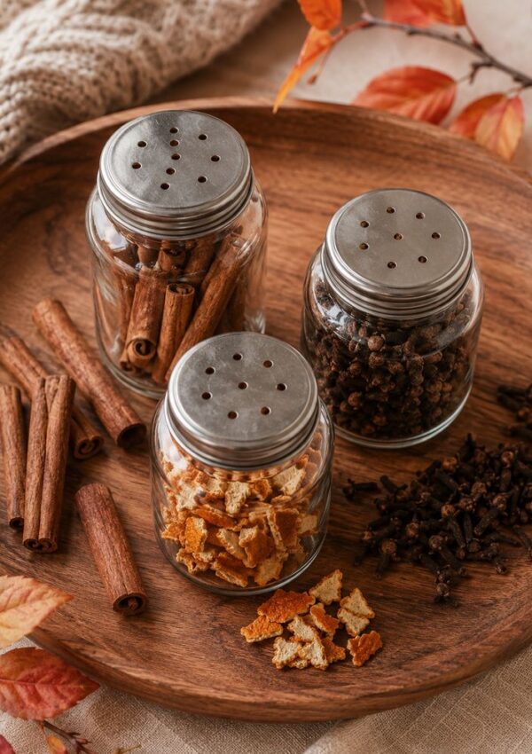 Three glass jars with metal lids hold cinnamon sticks, dried orange peels, and whole cloves. The jars sit on a wooden tray with additional cinnamon sticks and cloves scattered around, surrounded by autumn leaves.