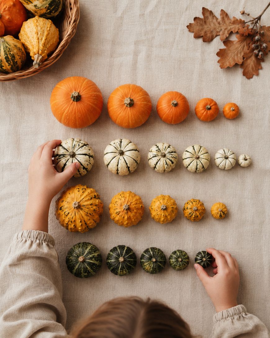 A child arranges small pumpkins and gourds by size and color on a beige cloth, with autumn leaves and a basket of more gourds in the corner.